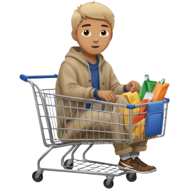 A man in oversized second-hand clothes, sitting beside a shopping cart of items, looking around with soft hopeful eyes.
 emoji