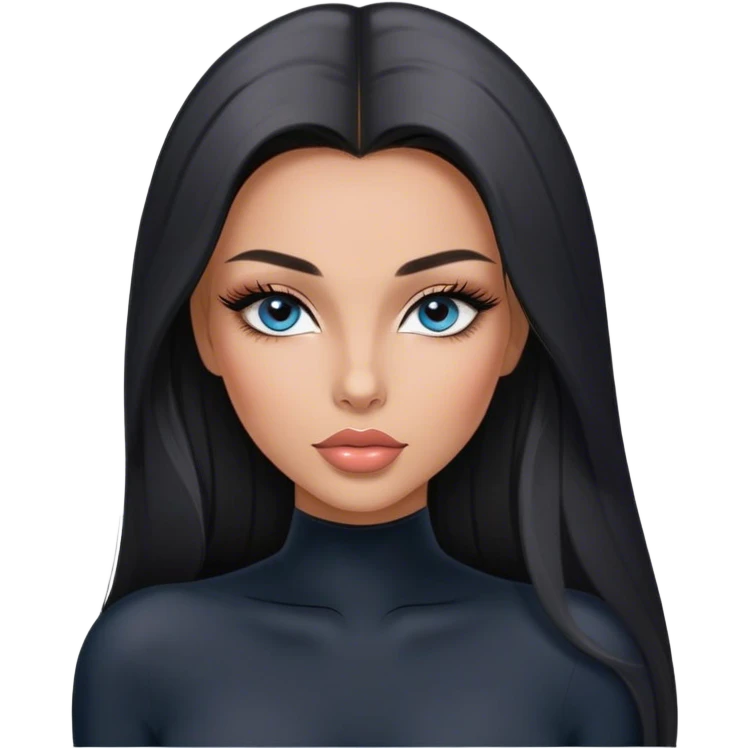 Glamours, tanned, very beautiful girl, with big pump peach-beige-rose lips, long long lashes, black straight smooth silky long hair, straight parting hair, blue-grey eyes in black long-sleeves bodysuit emoji