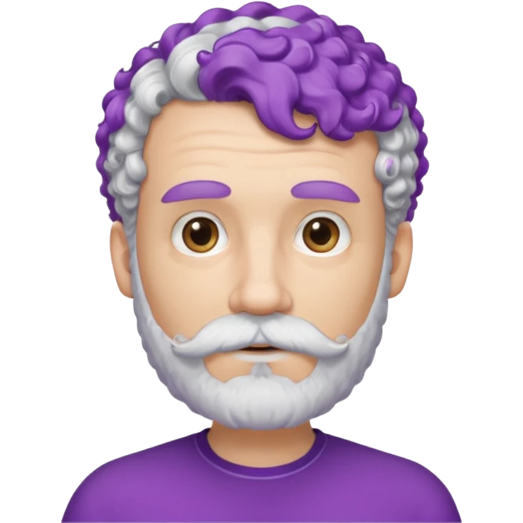 very white bearded and white mustached, violet short curly haired, wearing ear accessories emoji