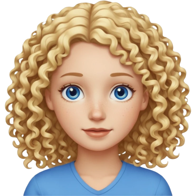 Friendly looking white girl with curly, blonde hair, blue eyes, and freckles. emoji