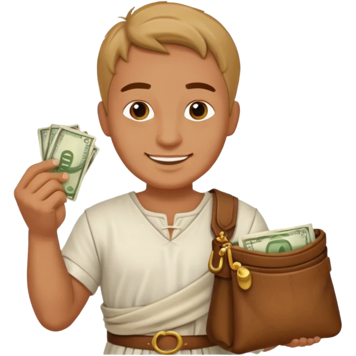 Emoji portrait of a Roman merchant. Loose-fitting clothes, holding a money pouch, cheerful expression. emoji