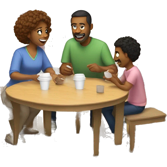 An emoji of a family—mother, father, and child—sitting at a table, playing a cup game with paper cups arranged on the table as they have fun together emoji