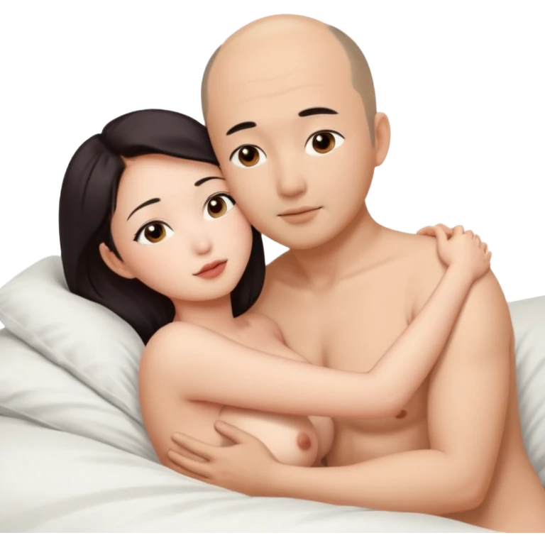 busty asian woman and slightly balding asian man naked in bed hugging and kissing emoji