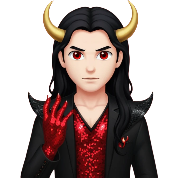 Lucifer from The Bible with red skin, long black hair, black sequin outfit emoji