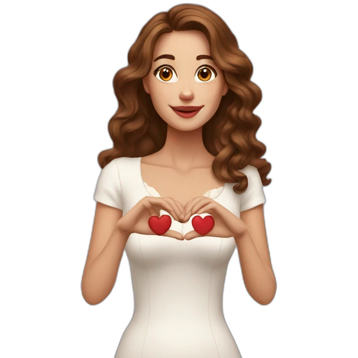 white beautiful woman, brown wavy hair, making heart by two hands, long earrings emoji