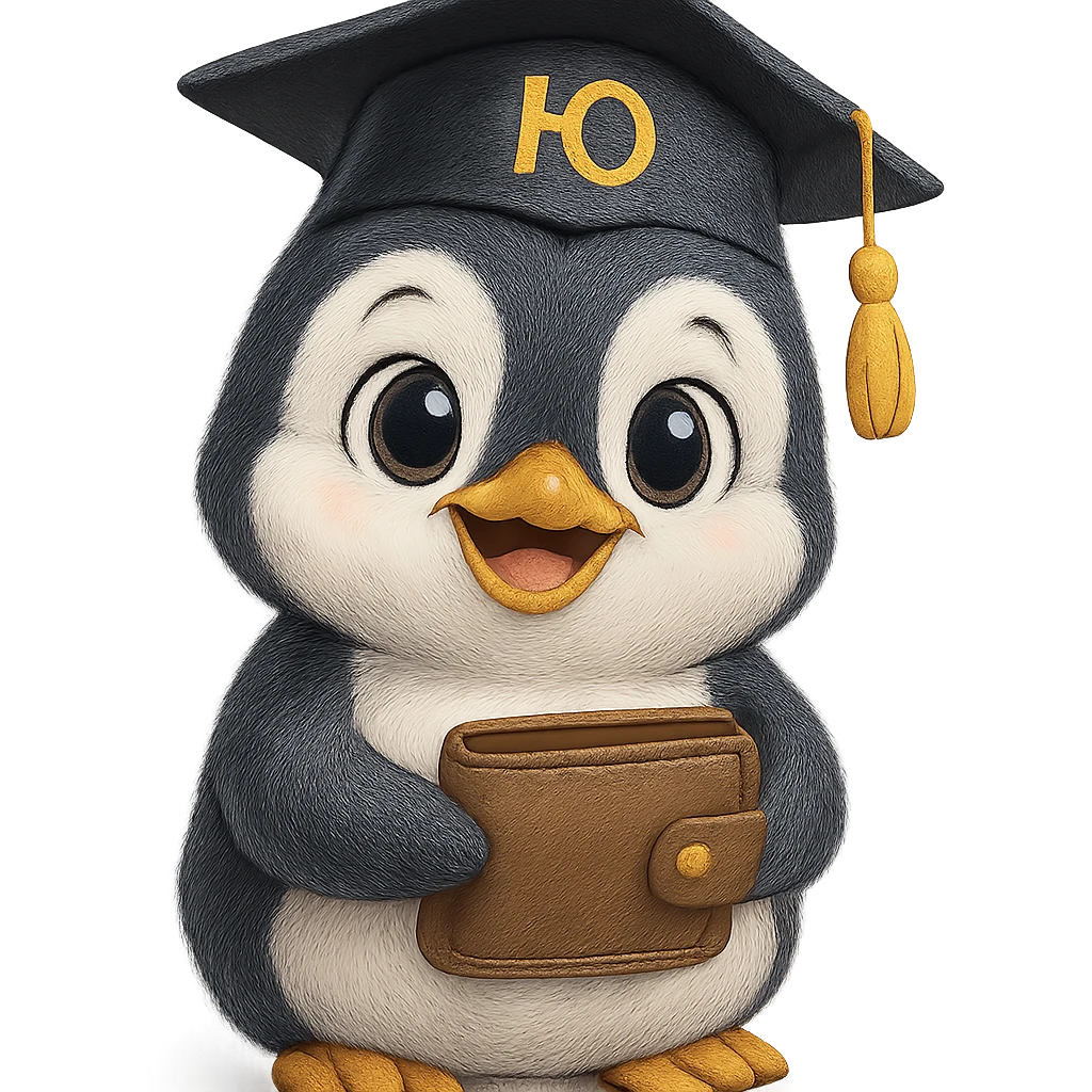 A cute penguin with beautiful eyes, very happy, wearing a graduation cap with the letter 'Ю' on it, holding a wallet. emoji