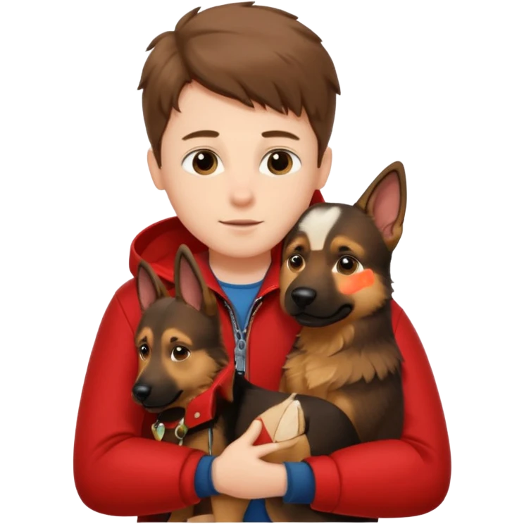 Garoto fofo de pele branca e cabelo castanho comprido usando uma jaqueta vermelha abraçando um cachorro pastor alemão  emoji