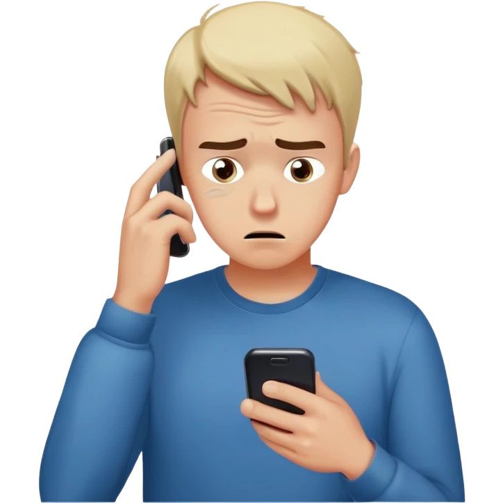 man with anxious attachment style frantically checking his phone with worried eyes and nervous expression, sweat drops on forehead, staring intensely at phone screen waiting for message reply, finger hovering over screen ready to respond immediately, notification symbols visible emoji