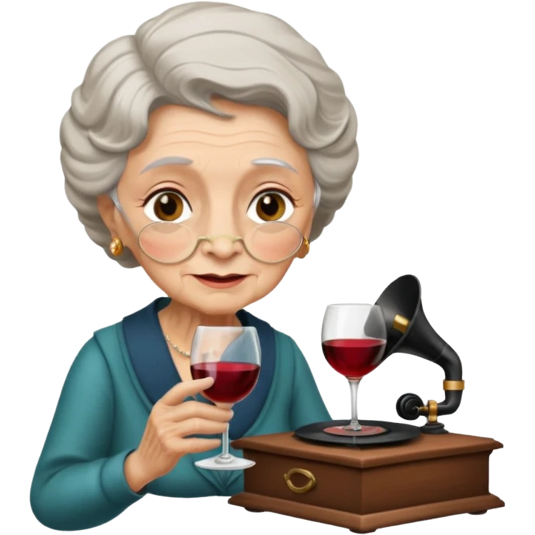 old lady with wineglass listening to gramophone emoji