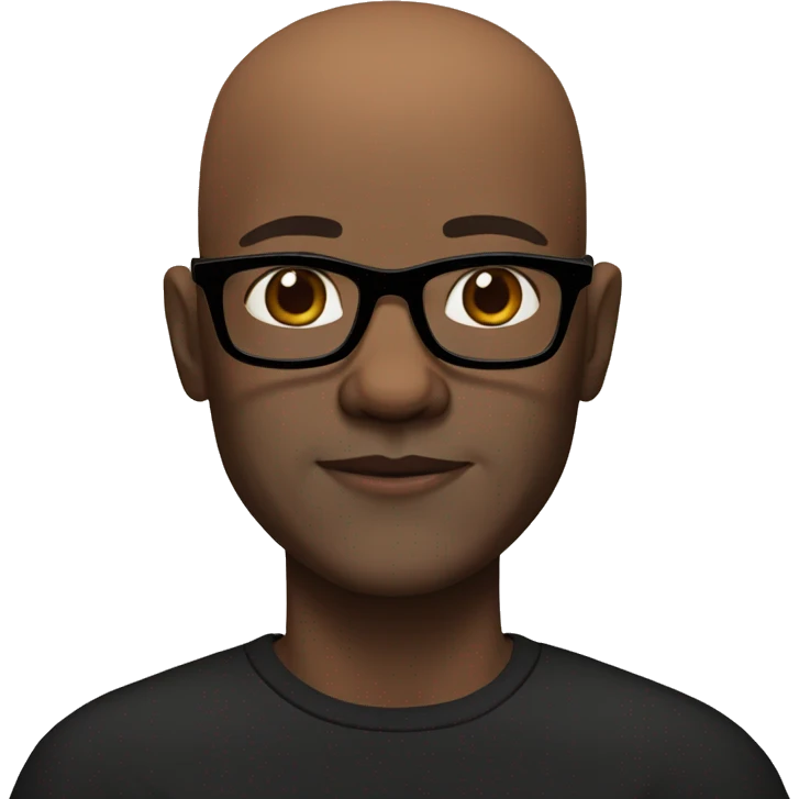 bald man in black shirt with brown eyes glasses and boston terrier emoji