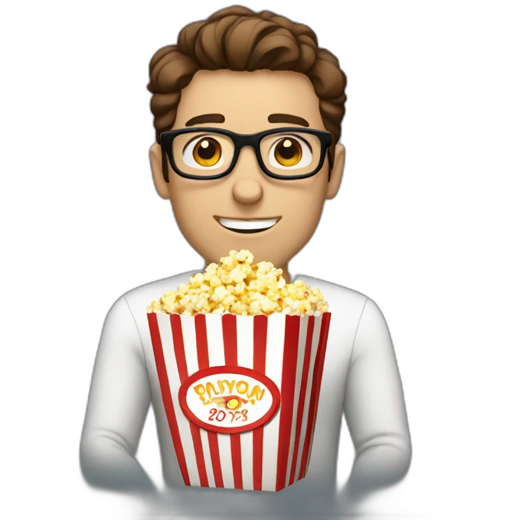 White Male with Brown Hair with Glasses Holding Popcorn emoji