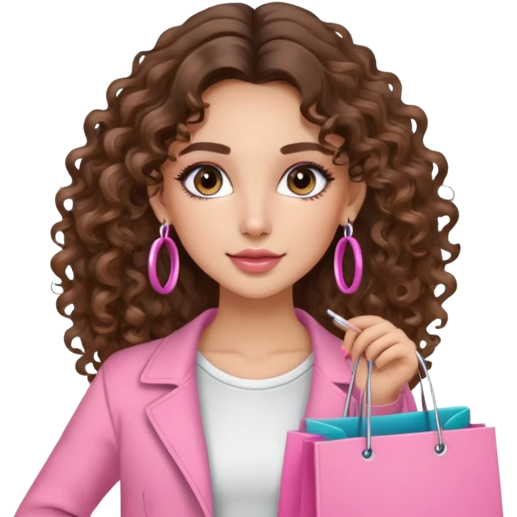 cute balayage brunette long hair curly/wavy haired girl, hoop earrings, clean girl makeup DOING SHOPPING WITH PINK CLOTHES ON emoji
