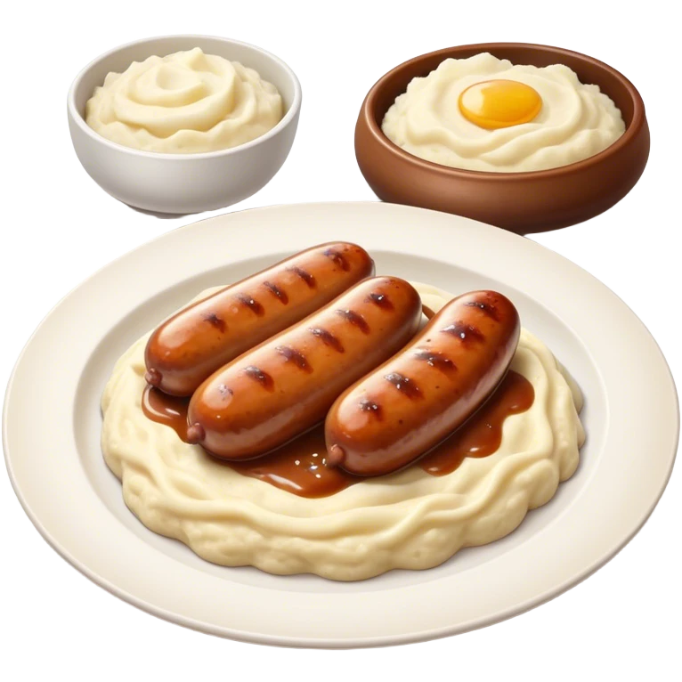 Cinematic Realistic Bangers and Mash Dish Emoji, featuring succulent pork sausages paired with creamy mashed potatoes rendered with detailed textures and natural highlights that emphasize its robust, hearty flavor. emoji