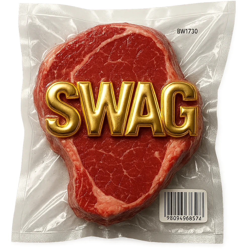steak with gold block letters 'SWAG', shiny and inflated, vacuum-sealed style emoji