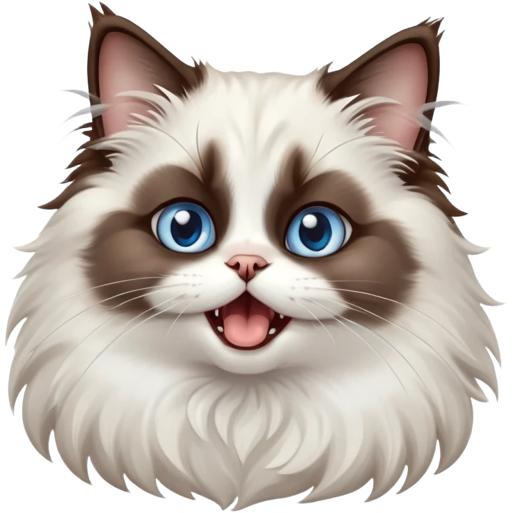 cinematic-adorable-big-eyed-fluffy-dark brown and white ragdoll-cat-portrait-emoji,-head-tilted-playfully-with-a-cute,-yawn,-soft-brown-and white-colored-fur-with-darker-points-on-the-ears,-simplified-yet-irresistibly-cute-features, sparkling blue eyes emoji