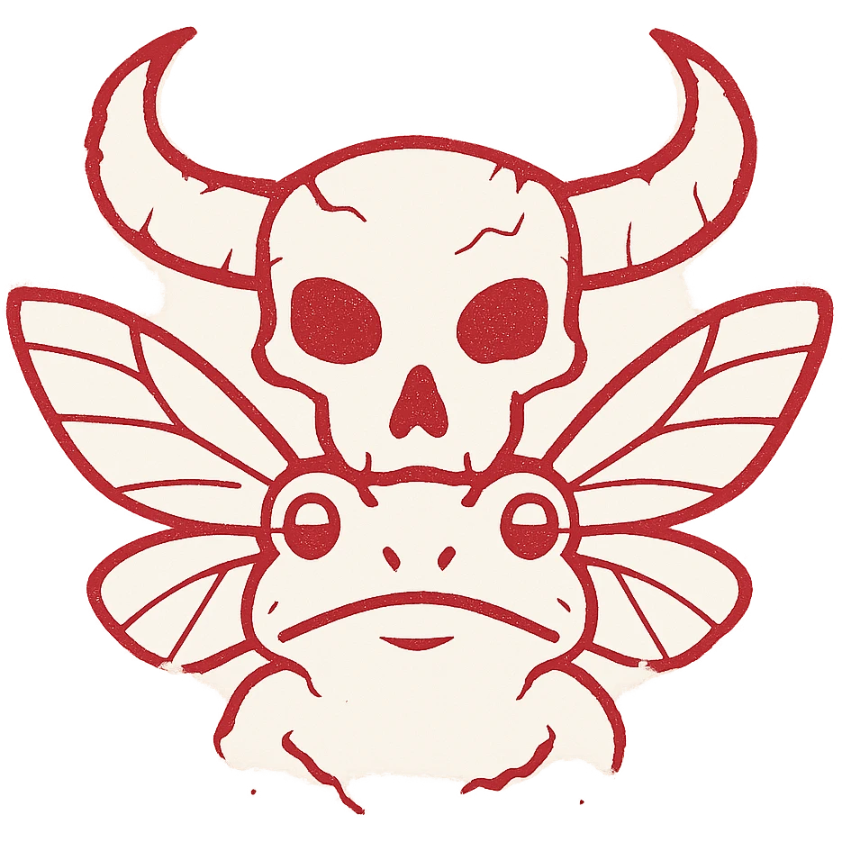an extremely distressed red line art icon of a hybrid head with minotaur skull, stoat features, frog elements, and moth wings, with severely incomplete perimeter, numerous missing lines around the edges, parts appearing to fade away entirely, extremely weathered with large gaps, torn sections, and heavily eroded appearance, minimal thin red lines only emoji