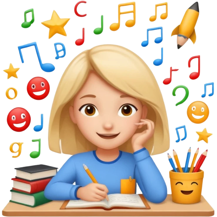 happy girl dreaming surrounded by symbols of exams and high grades, expressing joy and relief emoji