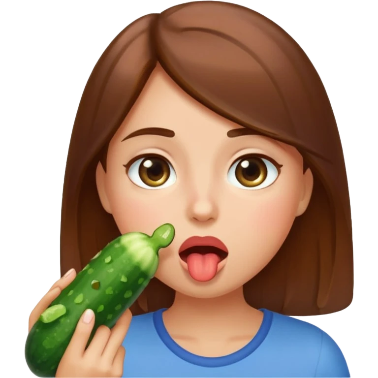 I want a girl emoji, blushing, brown hair blue eye, drooling a bit because she has a full cucumber in her mouth. I want her to chock a bit on it but still enjoying. The cucumber is her mouth, she is sucking it. emoji
