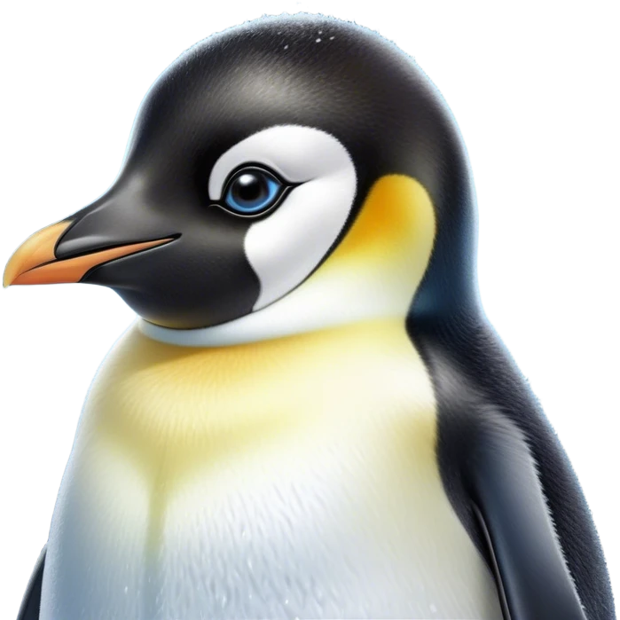 Cinematic Cute Emperor Penguin Portrait Emoji, Head tilted playfully and inquisitively, with glossy, pristine plumage accented by a bright beak and round, sparkling eyes filled with curiosity, Simplified yet irresistibly adorable features, highly detailed, glowing with a warm, friendly icy glow, high shine, affectionate and lively, stylized with a touch of whimsical charm, bright and endearing, soft glowing outline, capturing the essence of a mischievous yet loving penguin that feels like it could slide out of the screen into your arms! emoji
