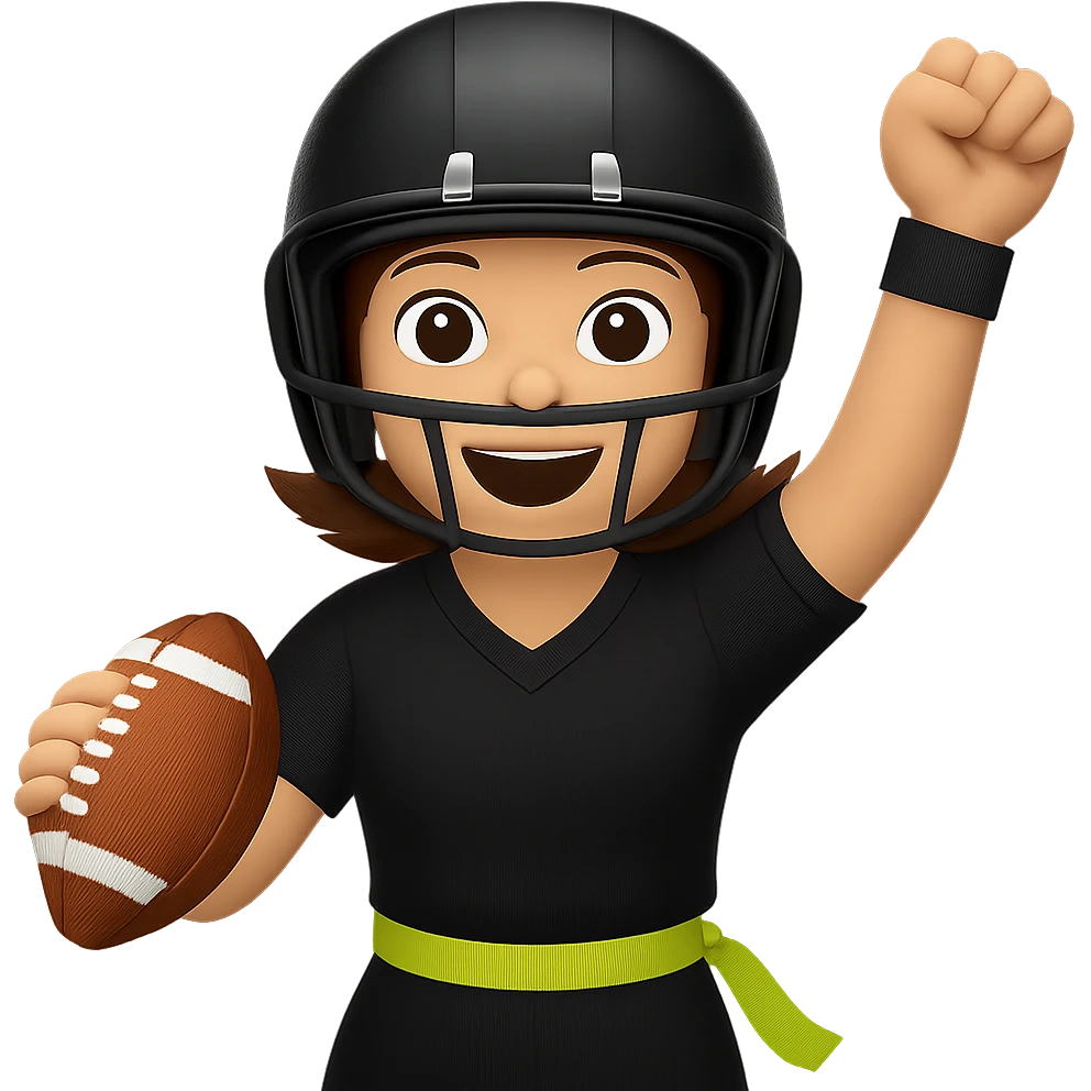 Create an emoji style image of a woman celebrating a flag football touchdown, wearing a helmet and an all black uniform with white accents. The only flag belt is lemon lime color, no other flags. She is holding one football. Keep the background transparent. emoji