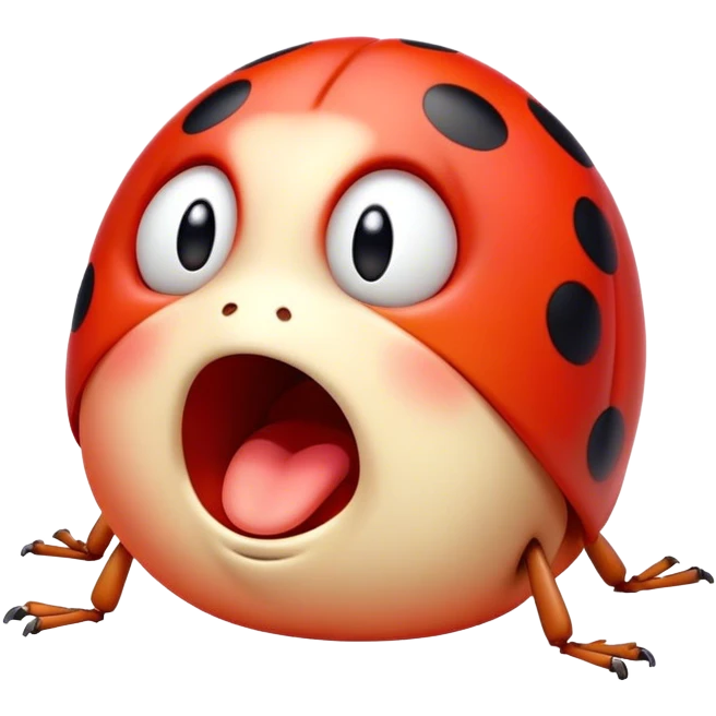 Cinematic Adorable Yawning Ladybug Portrait Emoji, Head tilted slightly with a dramatic, wide-open yawn, showcasing a small, rounded form with softly drooping wings and sleepy, half-closed eyes, Simplified yet irresistibly cute features, highly detailed, glowing with a soft, cozy red glow, high shine, relaxed yet expressive, stylized with a dash of whimsical nature charm, soft glowing outline, capturing the essence of a drowsy ladybug that appears ready to stretch and yawn its way out of the screen! emoji