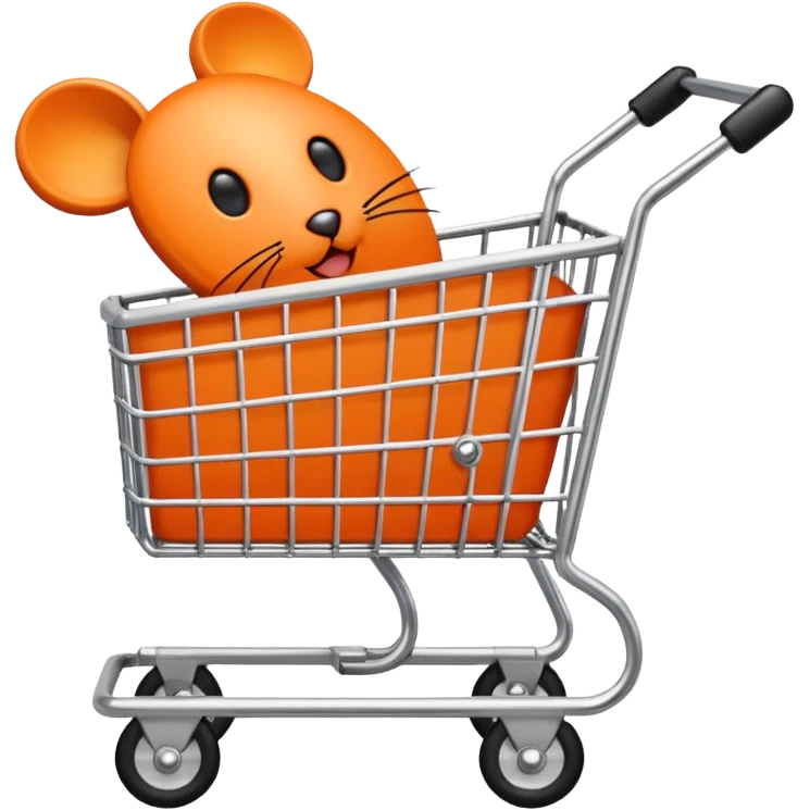 a computer pixel mouse white cursor clicking on a ecommerce style orange cart icon emoji