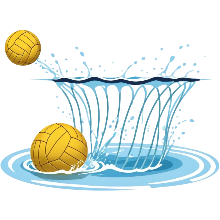 An icon featuring a yellow water polo ball floating on the water with goals in the background, inside a swimming pool. The design includes splashes and ripples, symbolizing the fast-paced action and strategy of water polo. Transparent background highlights. emoji