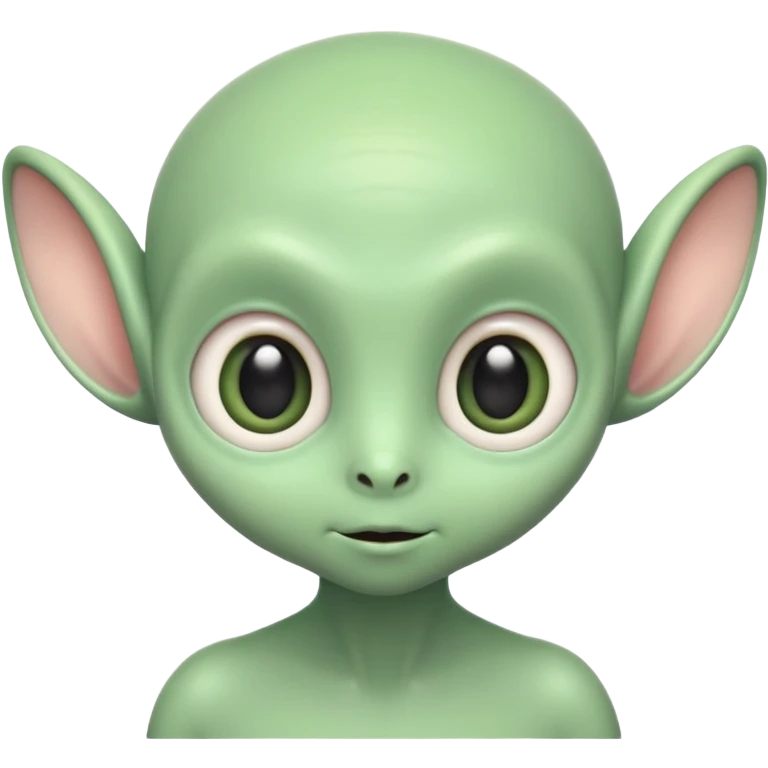 ortrait of a cute alien with round head, big shiny eyes, pastel green skin, small antennae, friendly expression, cartoon style emoji