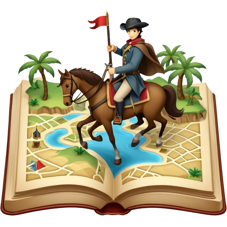 Icon for Reading Fiction: a large open book with pages turning into musketeers on horseback, Sherlock Holmes and Island of treasure map. The icon should evoke the adventure and romance of exploring fictional worlds. Transparent background. emoji