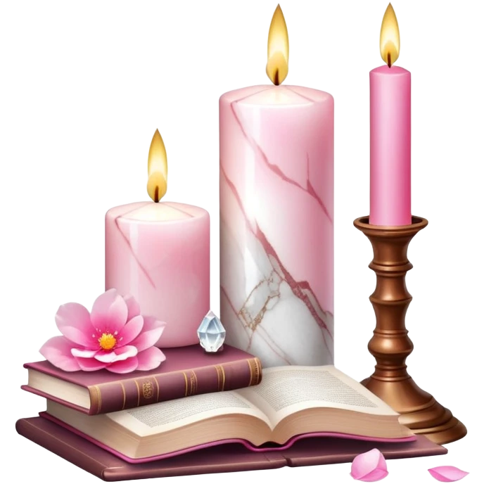 Aesthetic candles, flower petals, books, marble stand, crystal stones emoji