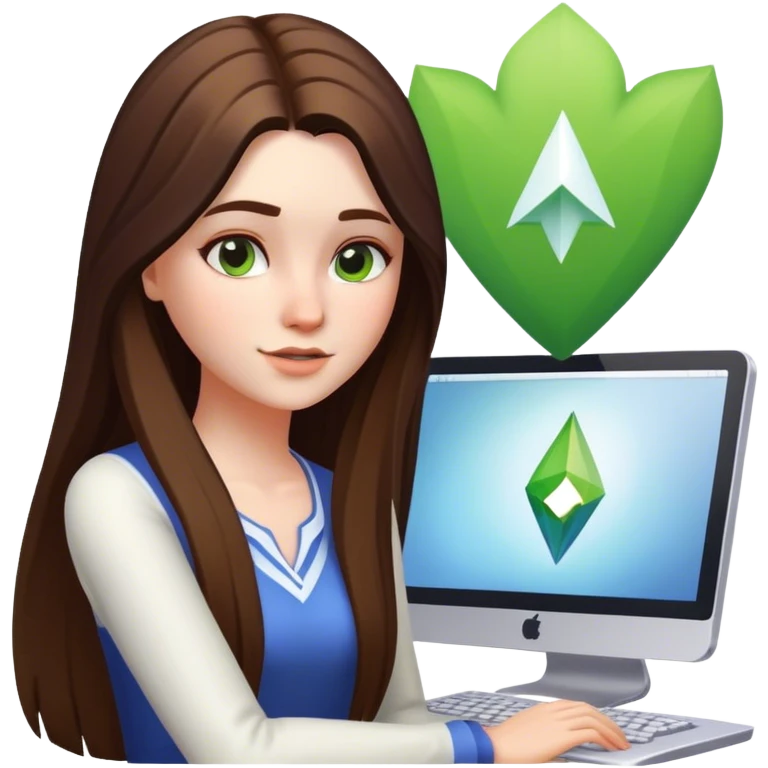 beautiful pale brunette girl with long hair playing the sims4 on her computer  emoji