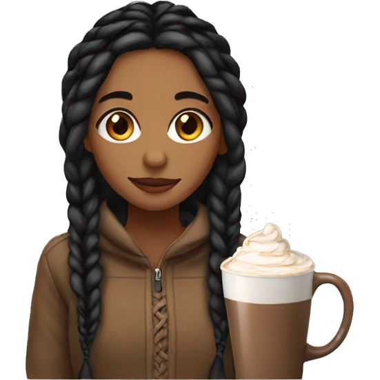Light brown girl with black long braids and a hot chocolate emoji