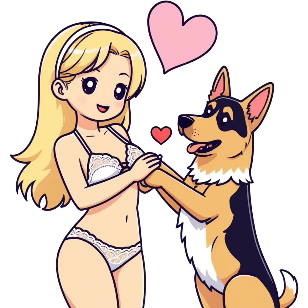 petite blushing subby blonde human woman white lace bikini romance with large German shepherd hearts emoji