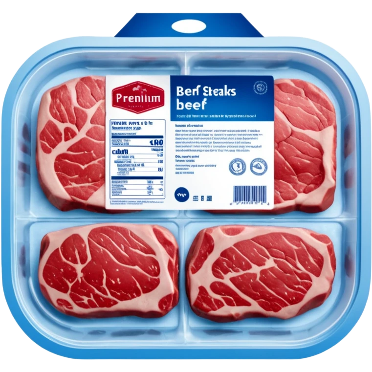 A vacuum-sealed plastic tray of frozen beef steaks, with visible frost and ice crystals on the meat surface. The label shows brand name, weight, and “Premium Beef Steaks.” The packaging has a transparent window revealing the red meat.  photorealistic food packaging. emoji