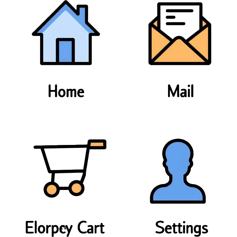 website navigation icons with home, mail, shopping cart, user profile, and settings emoji