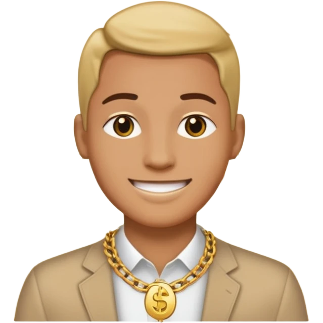 Confident digital creator with gold chain, subtle smile, money icons floating around, modern emoji style, minimal background emoji