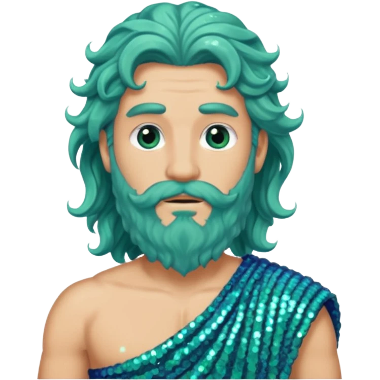 Poseidon  from Greek Gods with long blue wavy hair and short beard, sea green sequin toga emoji