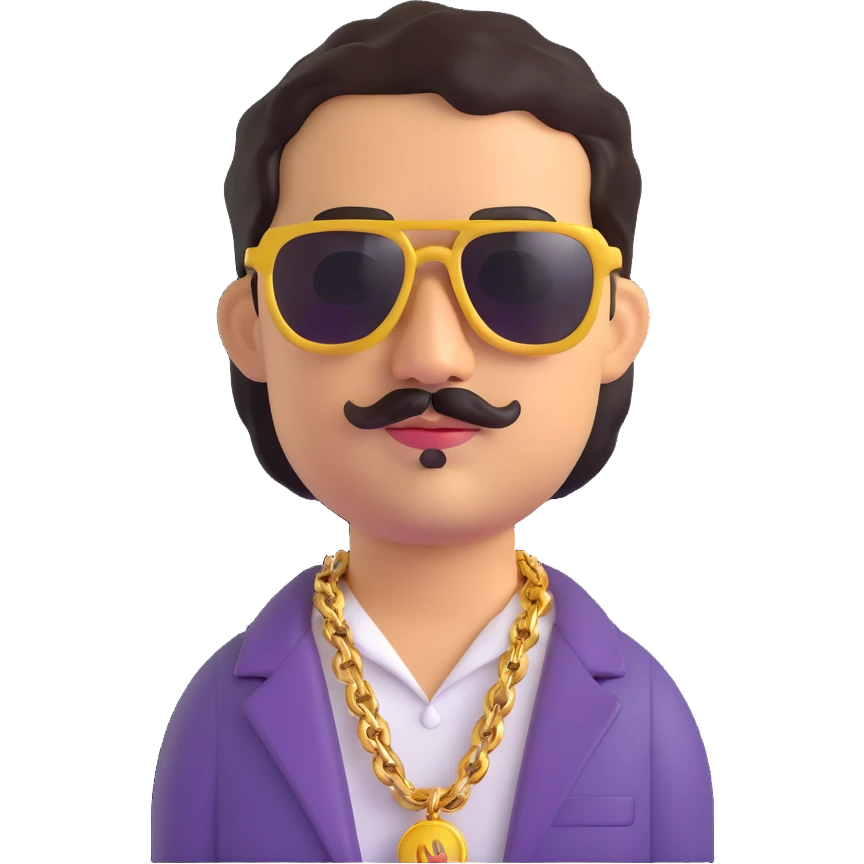 Pablo Escobar emoji with sunglasses, gold chain, 1980s style emoji