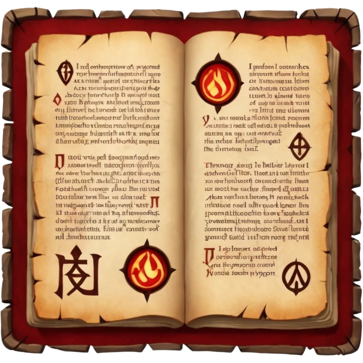 Ancient scripture page burned at the edges, cursed runes glowing faint red emoji