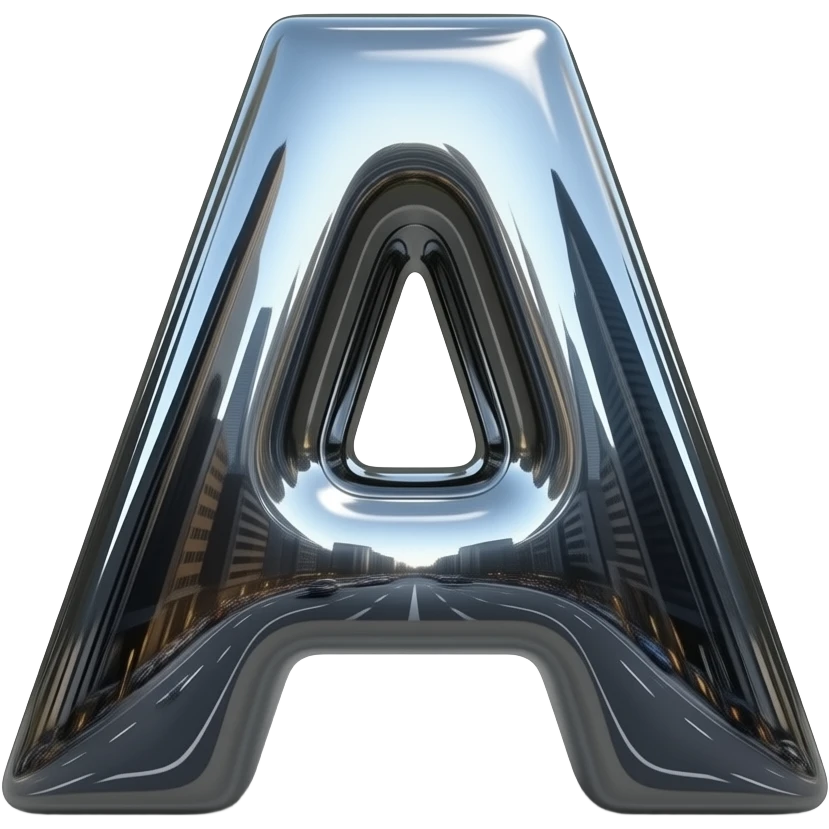 A hyper-realistic letter 'A' made of flowing, high-polish liquid chrome. Distorted reflections of a dark urban cityscape, sharp contrast, 8k resolution, 'Terminator' style aesthetic, clean and aggressive emoji
