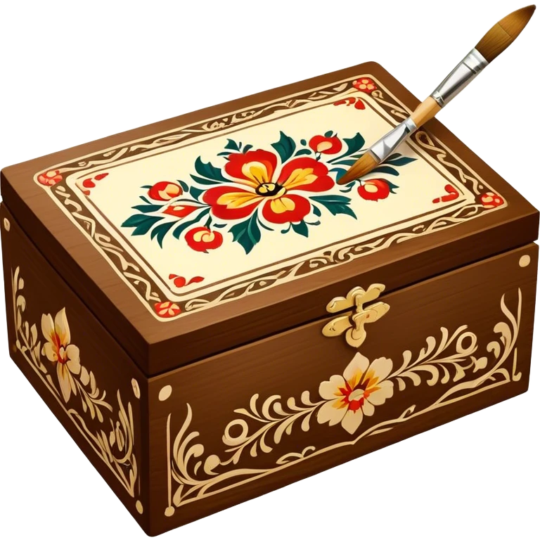 Wooden box painting icon, traditional Russian Palekh or Khokhloma patterns being painted on a wooden box, paintbrush and fine details visible, the box in the process of decoration, visible tools like brushes and paints, minimalistic style, clean lines, transparent background. emoji