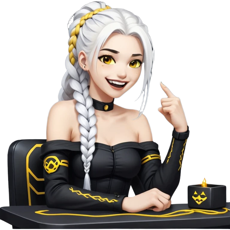 ghibli style, she is laughing outrageously and pounding her fist on the table, a closeup portrait of young woman with gold yellow eyes, white hair, long braid, black off-shoulder top, punk gothic style, futuristic cyberwave cyberpunk, sitting position
 emoji