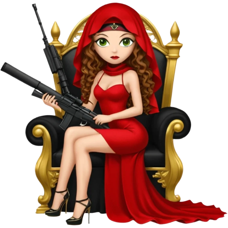 Drug dealer female green eyes symbol.  hair is brown curly long hair. sexy long with long red and black dress and face veion that covers her mouth only. black stiletto platform high heels shoes on. Holding sniper rifle sitting on a gold throne. emoji