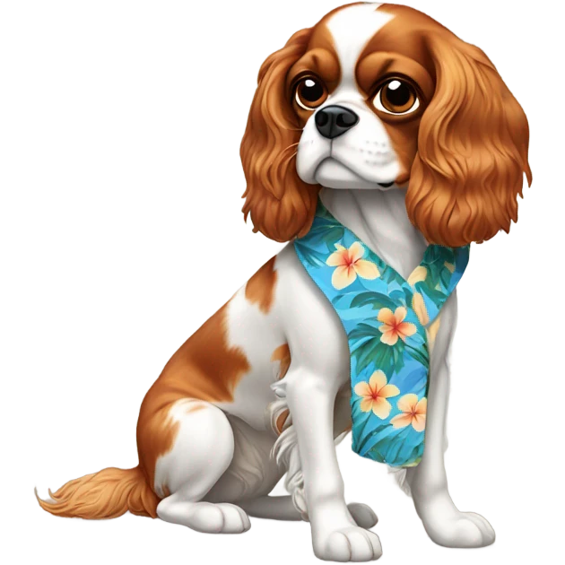 A cavalier King Charles spaniel with a lazy eye wearing a Hawaiian shirt emoji