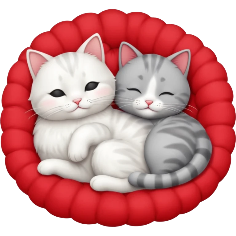 White cat and gray cat sleeping together in a bed full of hearts emoji