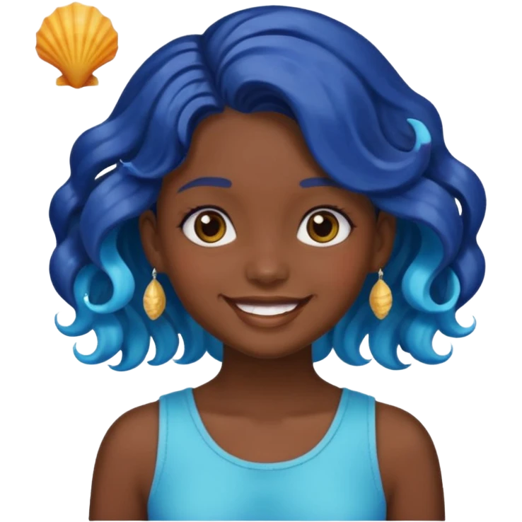 girl's head, dark skin, shiny blue wavy hair, sea shells as hair accessories, emoji style emoji