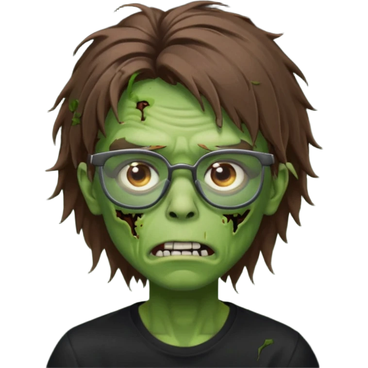 Green zombie, brown messy hair covering the forehead, black glasses, black shirt. iOS style. emoji