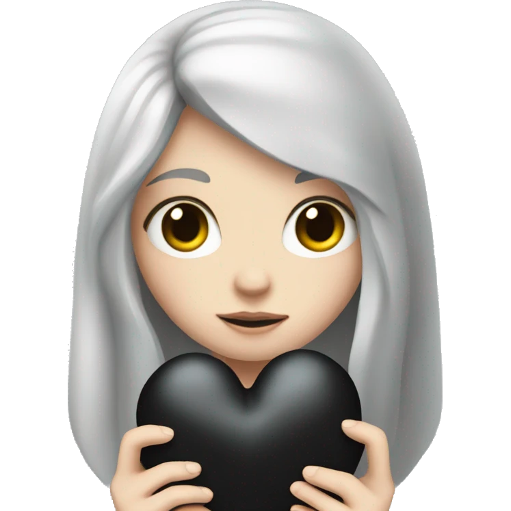 Pale girl with long black hair holding black heart in her hands  emoji