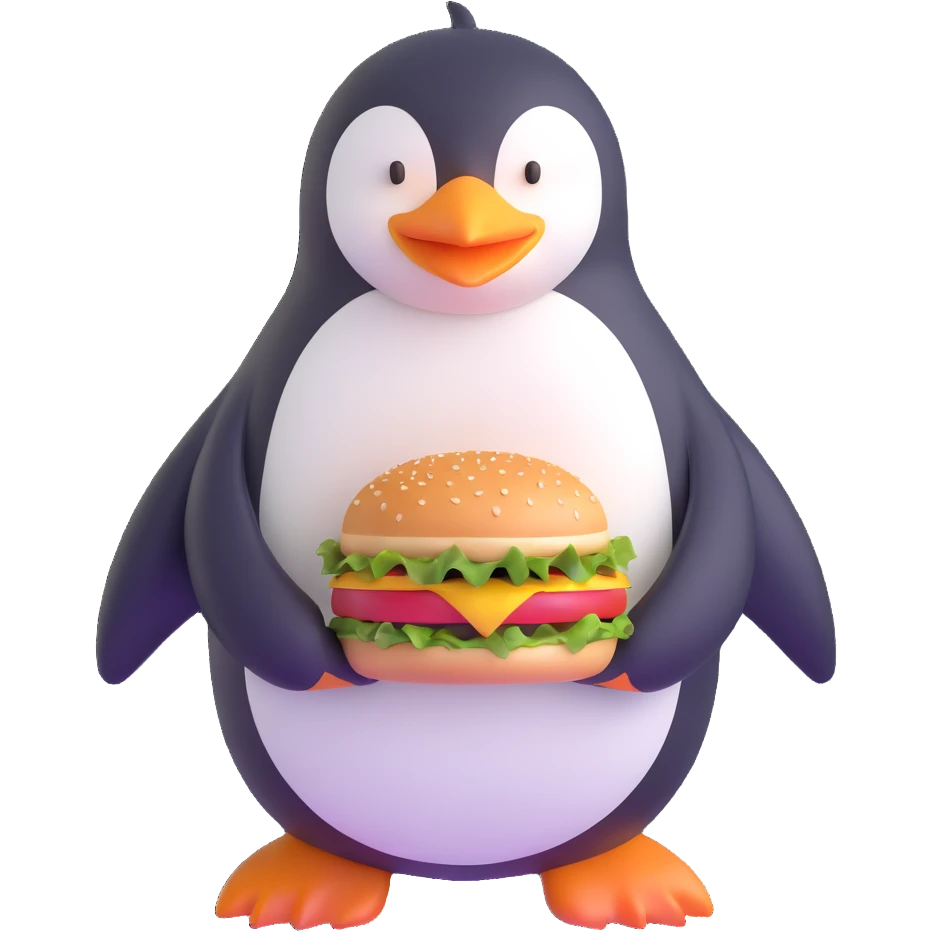 penguin enjoying a hamburger emoji