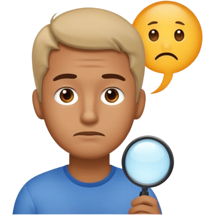 Realistic emoji-style man in simple everyday clothes, looking thoughtful and analytical. A thought bubble above his head shows a critical-thinking icon (question mark + magnifying glass). Soft lighting, expressive critical facial expression. emoji